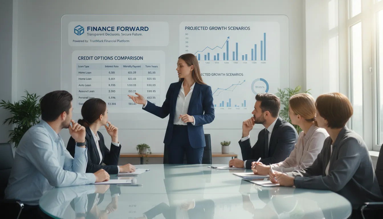 Consultor da Financia Tudo apresentando simulação gratuita de crédito, com gráficos de condições vantajosas.