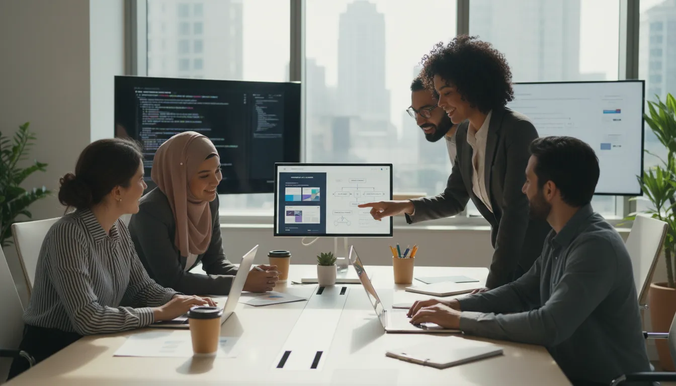 Elementor Pro 2026: Novidades e Como Criar Sites Avançados 2 Equipe analisando sugestões de layouts de site por IA em tablet, ambiente corporativo e colaborativo