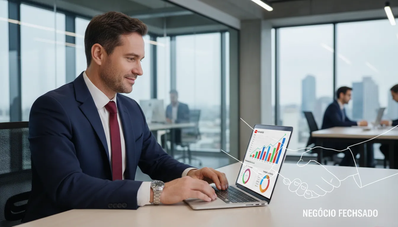 Executivo analisando resultados de conversão de views em leads via produção de vídeos para YouTube.
