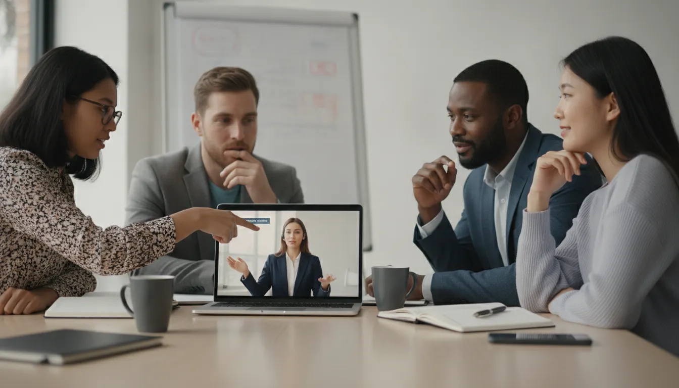 Grupo de empreendedores assistindo vídeo educativo no YouTube, aprendendo sobre mentoria e estratégias de negócio.