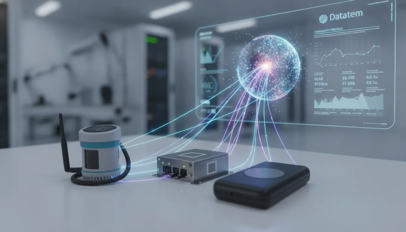 Dispositivos IoT com RFID se conectam via plataformas M2M Datatem, impulsionando a conectividade corporativa.