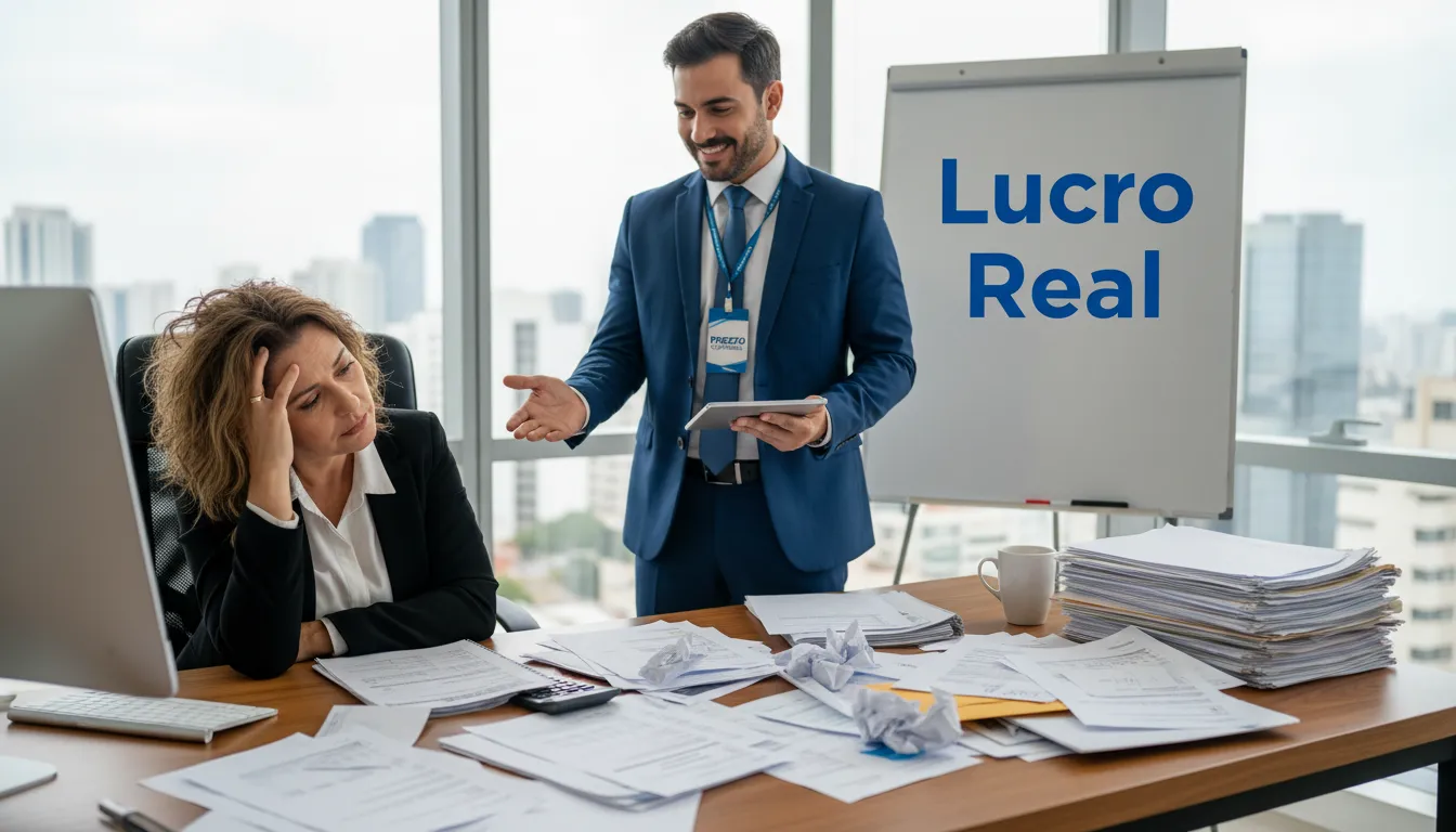 Empresário estressado com impostos, sendo auxiliado por um consultor da Prezzo Contábil, que oferece soluções de contabilidade para empresa no lucro real.