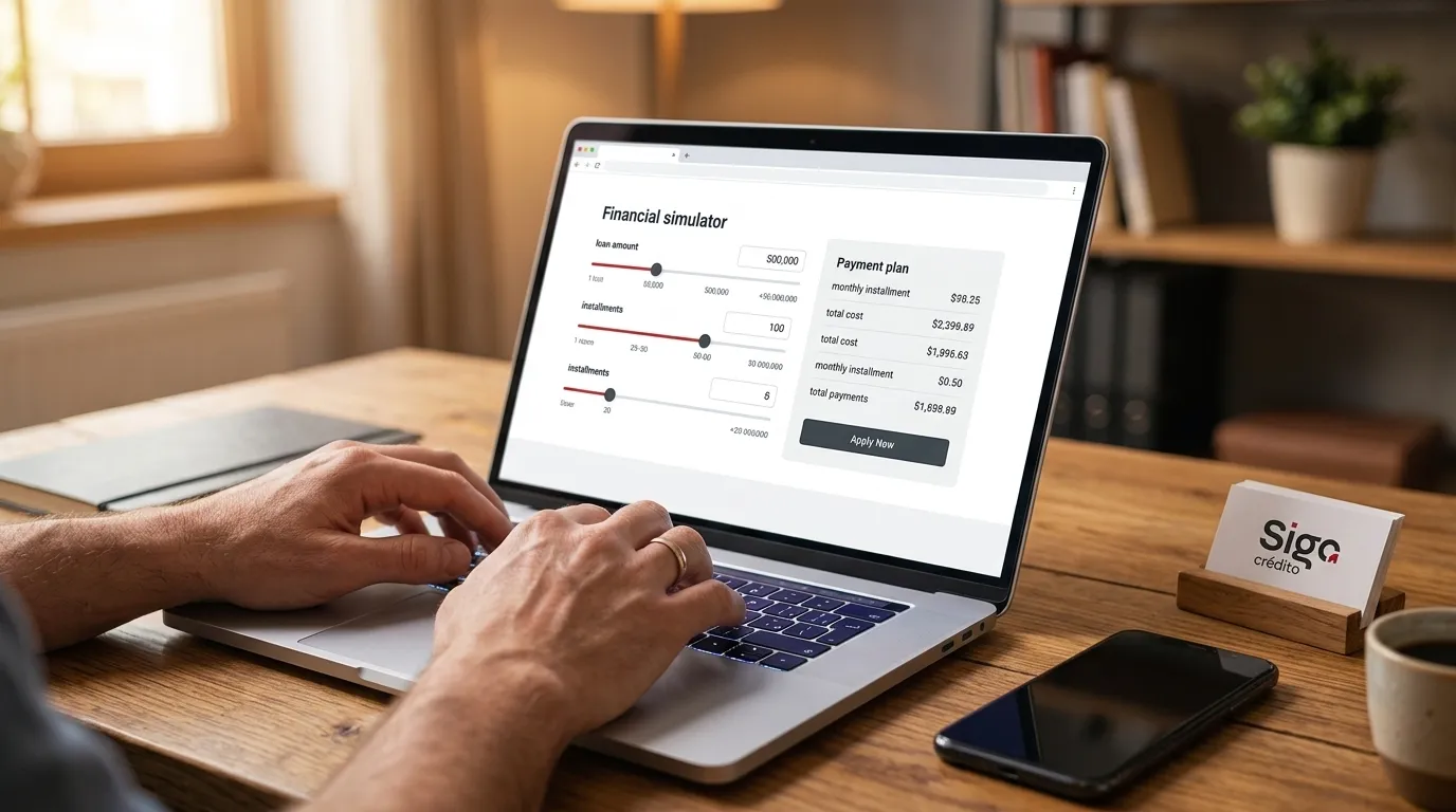 Pessoa realiza simulação de empréstimo online no notebook em escritório residencial.