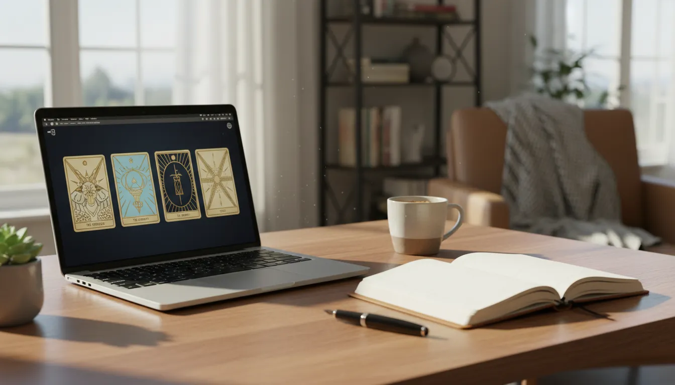 Ambiente de estudo mostrando tarot online como ferramenta de autoconhecimento