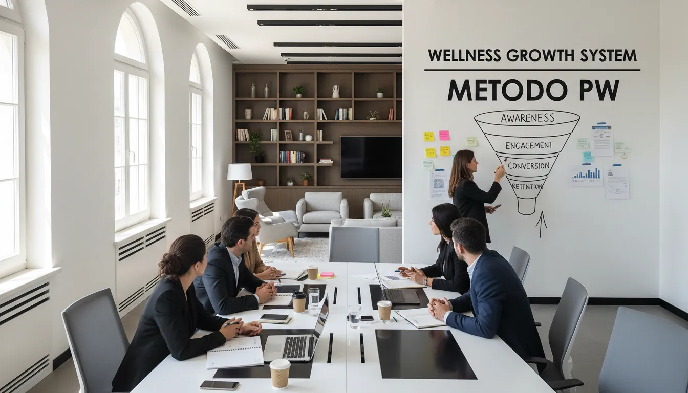 Escritório de agência de marketing sofisticada, mostrando o sistema de crescimento e a importância de calcular taxa de conversão para o sucesso da marca wellness.