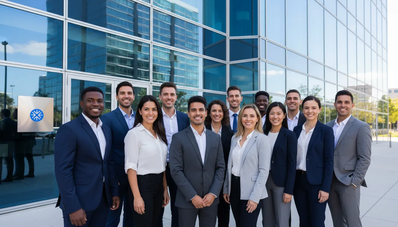 Grupo diverso em frente a prédio moderno, simbolizando o sucesso ao encontrar o melhor crédito para projetos pessoais com a Financia Tudo.