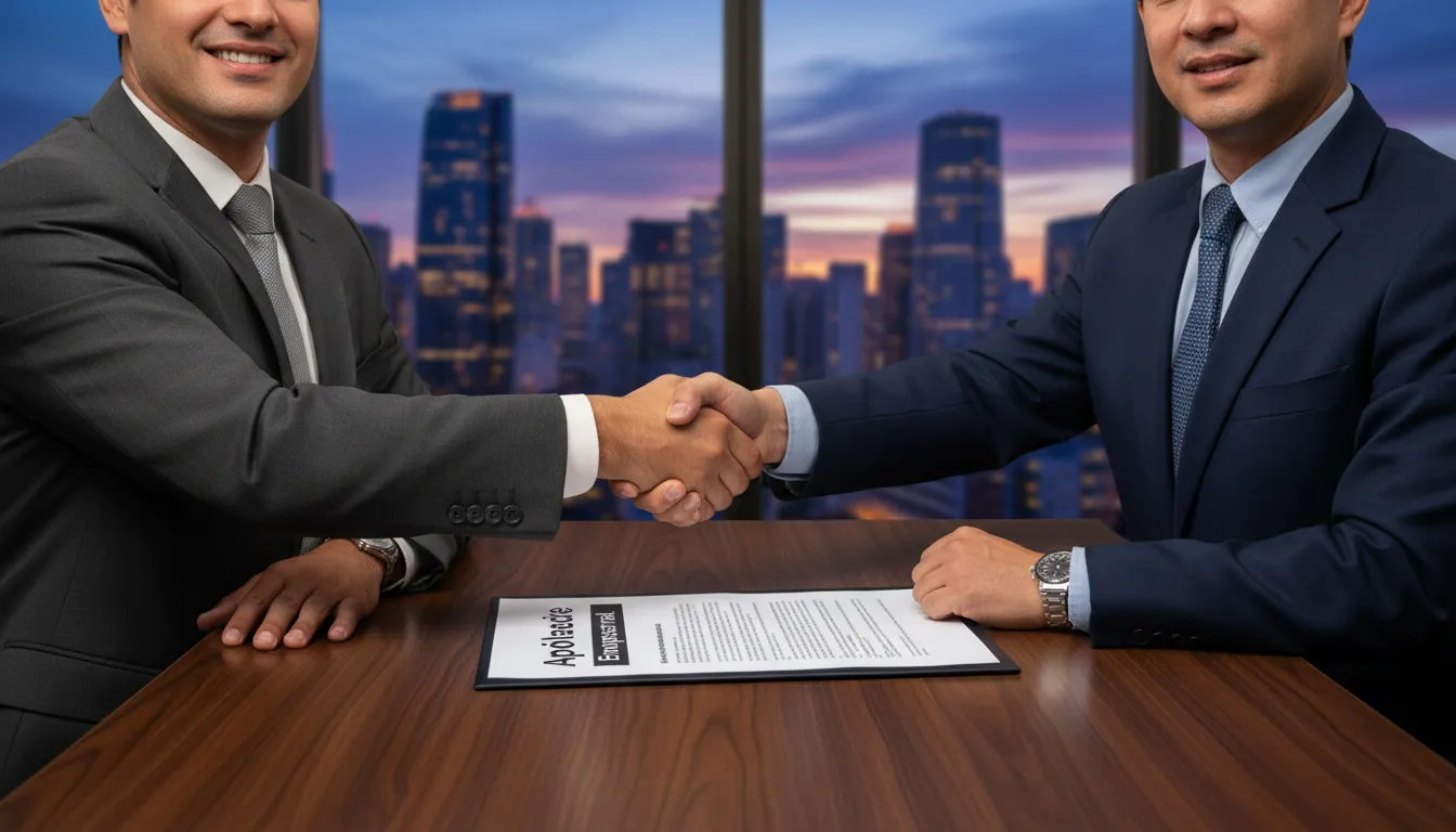 Um empresário fechando negócio com um corretor de seguros, simbolizando a proteção e planejamento estratégico proporcionados pelo seguro empresarial.