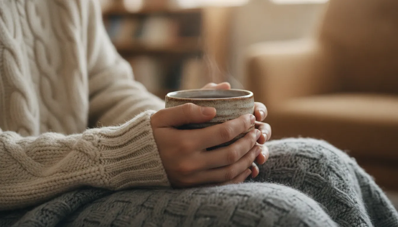 Mãos seguram caneca quente, transmitindo conforto e um momento de pausa, sem o sentimento de culpa. Terapia online.