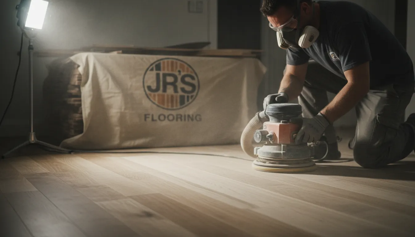 Close up of a craftsman sanding hardwood, showing the expert technique used in refinishing wood floors, dust and all.