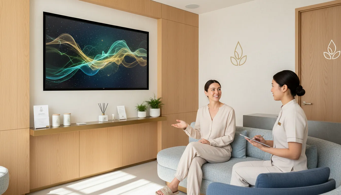 Clínica de bem-estar com design premium e tela exibindo depoimentos, exemplificando posicionamento e autoridade no comércio conversacional.