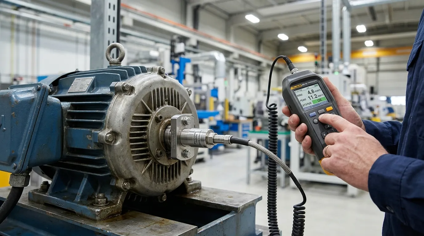 Sensores para manutenção baseada em condição instalados em motor elétrico de maquinário industrial moderno.