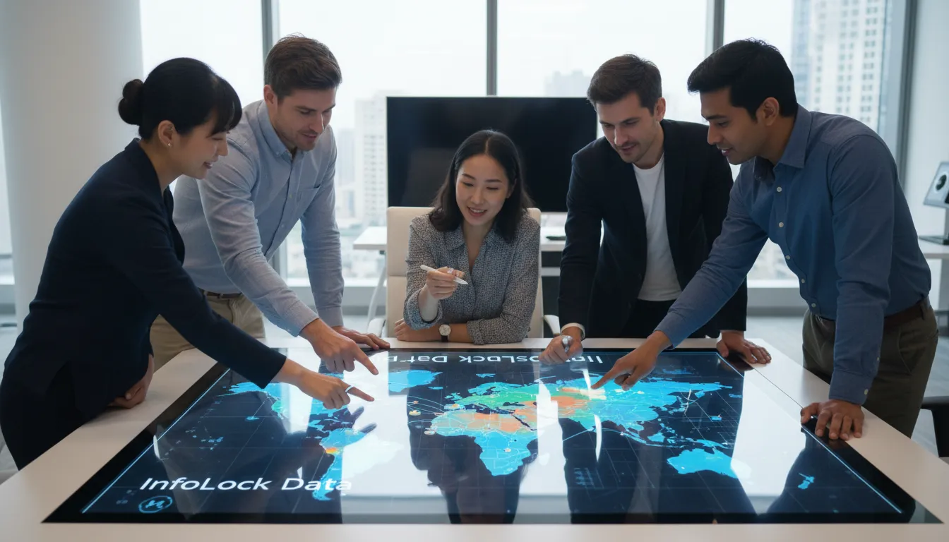 Equipe diversa colaborando em um projeto de data mapping em um touchscreen interativo, com foco na análise e planejamento estratégico.