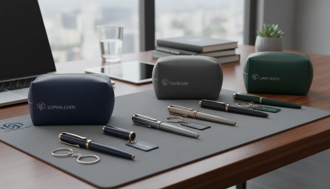 Mesa de escritório com brindes corporativos personalizados para o Dia dos Pais