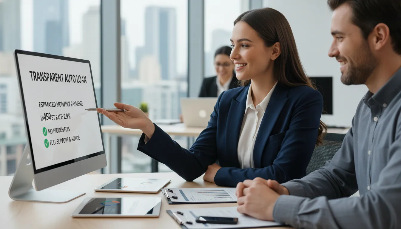 Consultor financeiro auxiliando cliente em plataforma digital para empréstimo com garantia de veículo