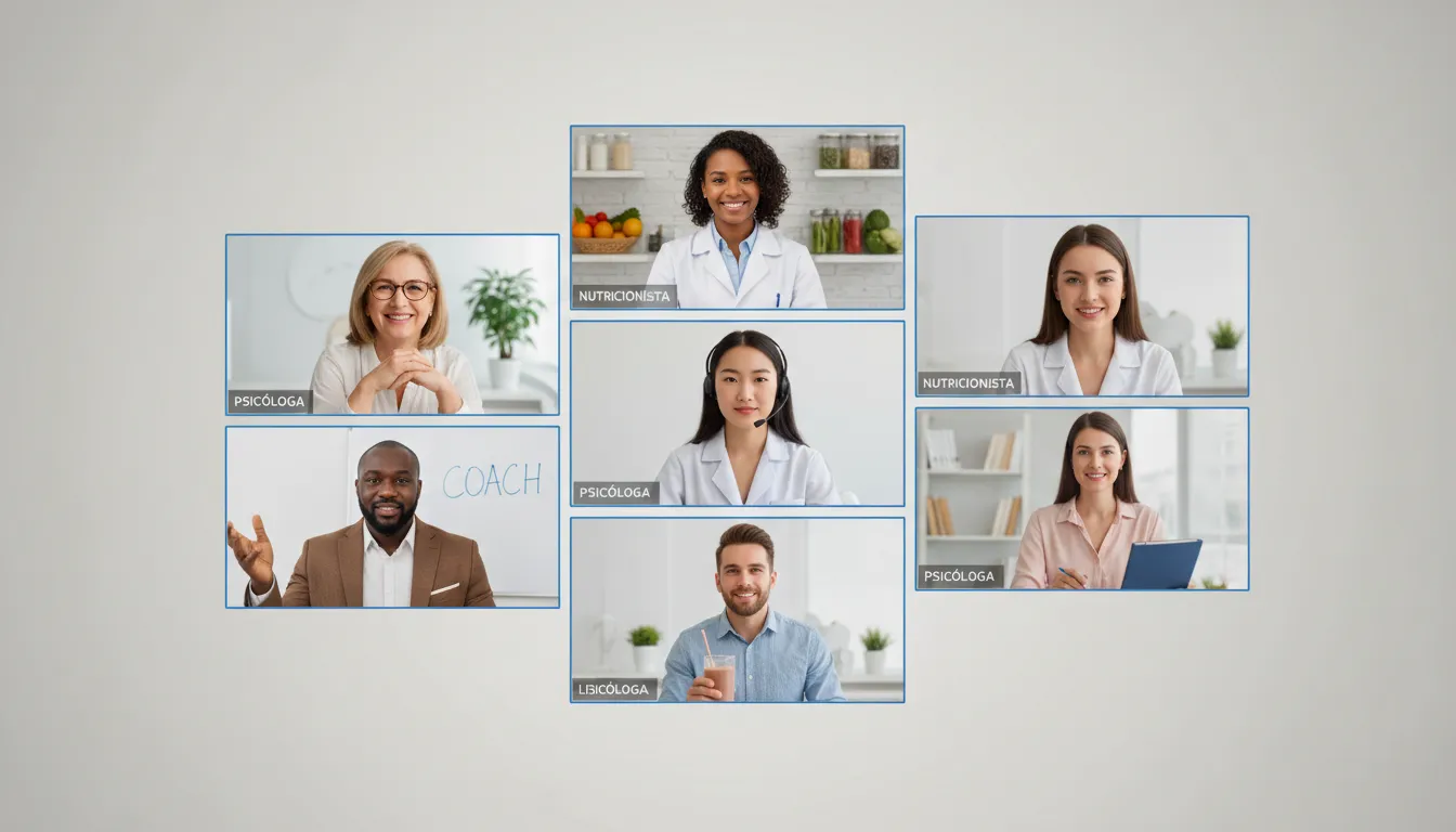 Grupo de especialistas online diversos em videochamada, demonstrando empatia e profissionalismo.