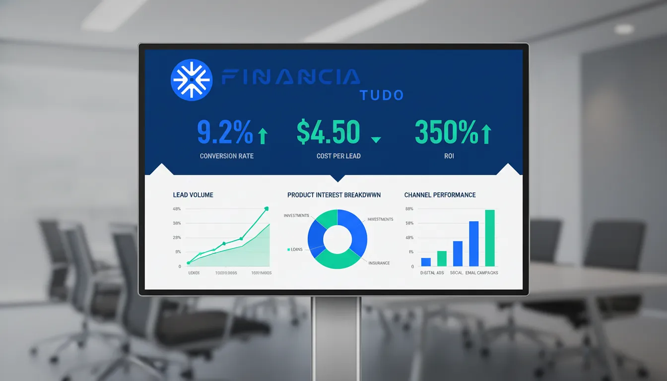 Dashboard digital exibindo KPIs de desempenho para gerar leads qualificados para crédito afiliado através da Financia Tudo.