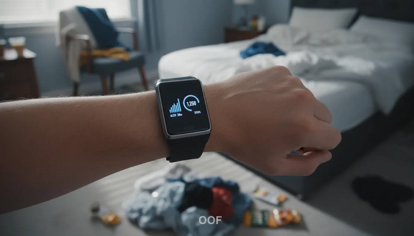 Dados de sono e passos no rastreador fitness, simbolizando a rotina irregular. Imagem sobre por que não emagreço consistentemente.