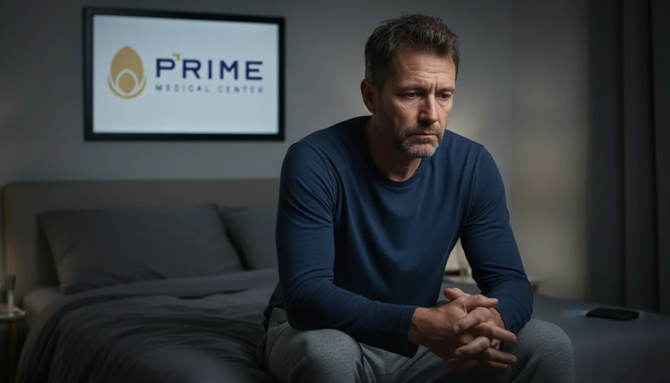 Homem preocupado sentado na cama à noite, refletindo sobre a disfunção erétil e seu impacto emocional.