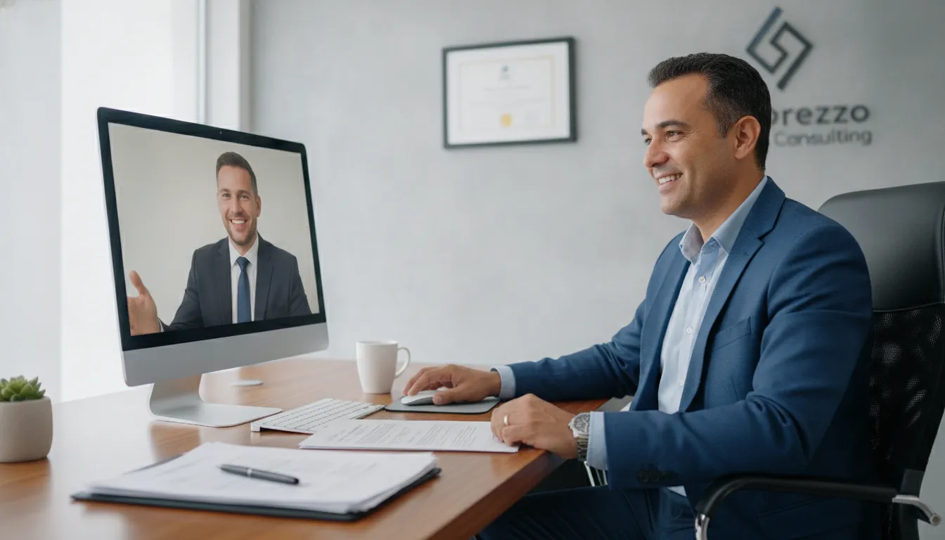 Homem brasileiro em consulta online sobre seguro saúde EUA com consultor Prezzo.