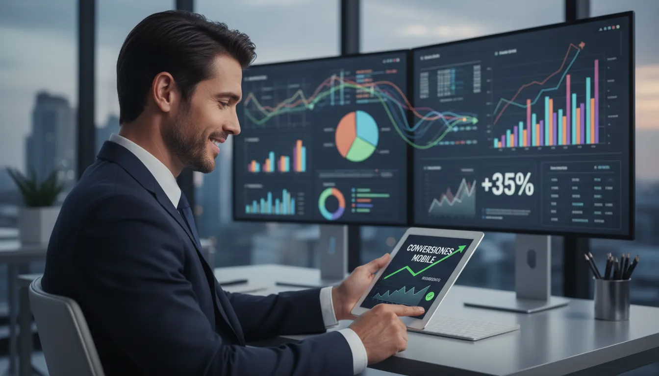 Site Responsivo 2026: Mobile-First Não é Mais Opção 3 Empresário analisa gráfico mostrando aumento de conversão mobile em ambiente de sucesso.