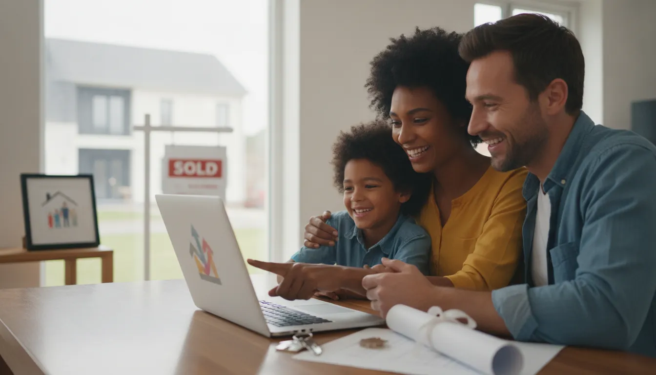 Família celebra aprovação de crédito, sucesso financeiro e documentos bem organizados.