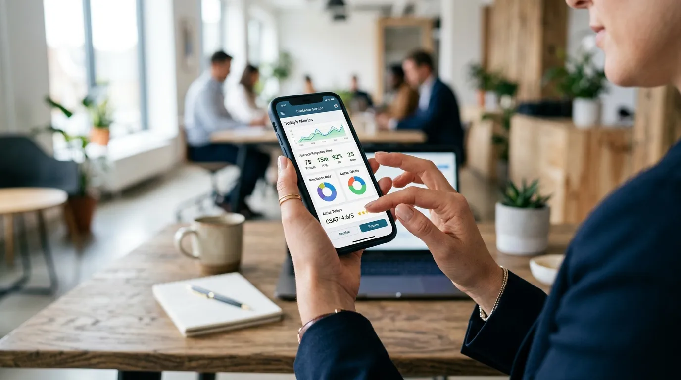 Gestora acompanha métricas de atendimento em tempo real pelo app mobile em seu smartphone.