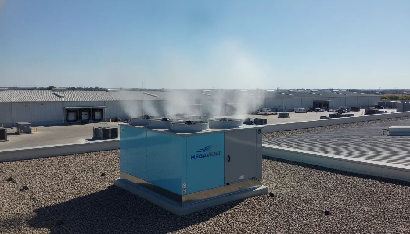 Climatizador industrial MegaVent instalado em telhado de edifício comercial, demonstrando durabilidade e custo-benefício.