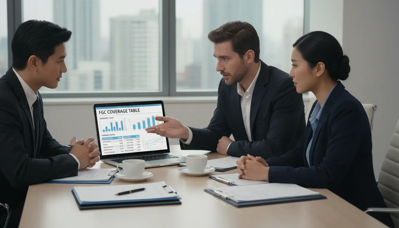 Consultores financeiros explicando limites de cobertura do FGC a clientes, com tabela visível em laptop.