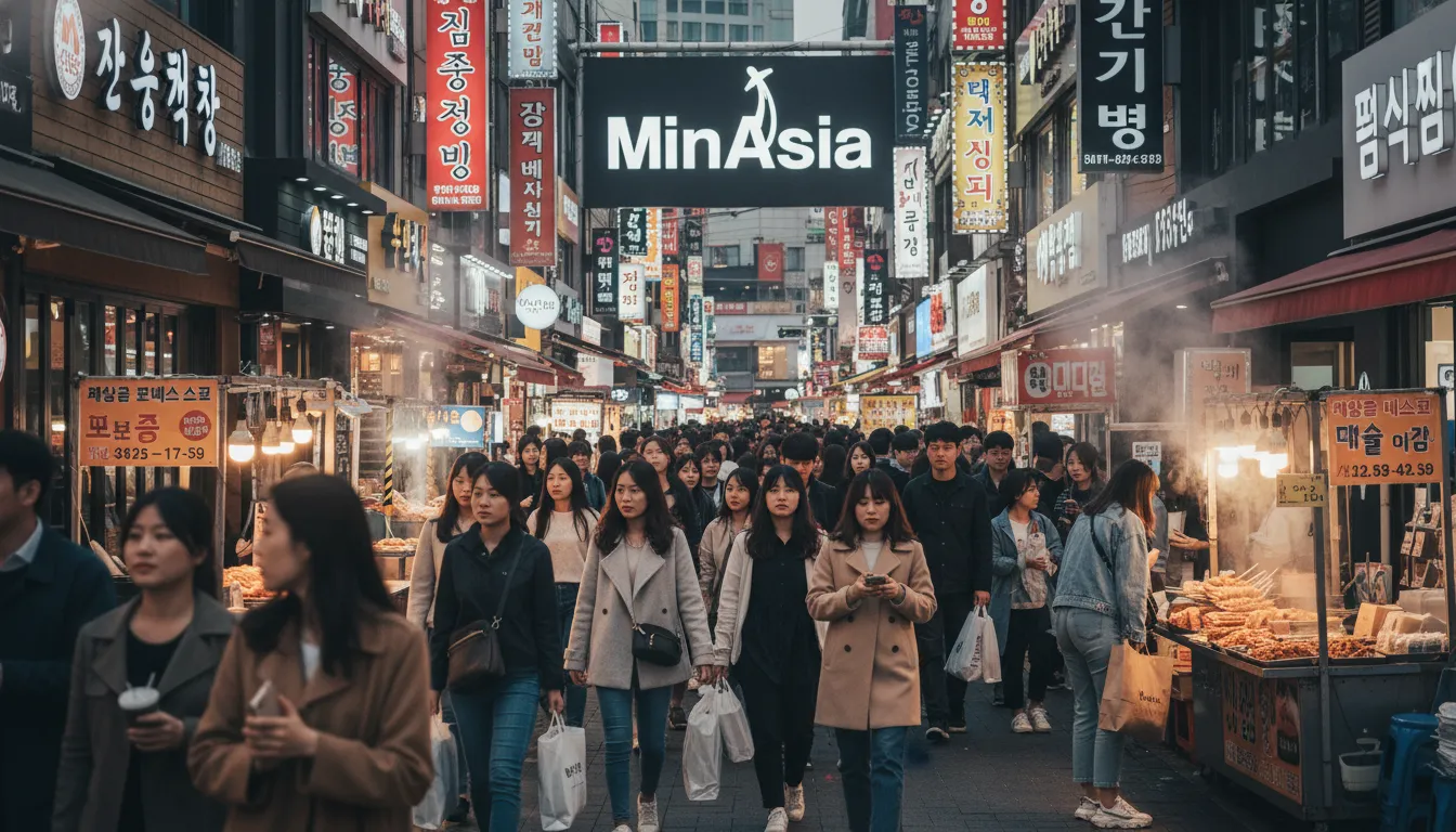 Rua movimentada em Myeongdong, Seul Coreia do Sul, com neon, pessoas e barracas de comida de rua.