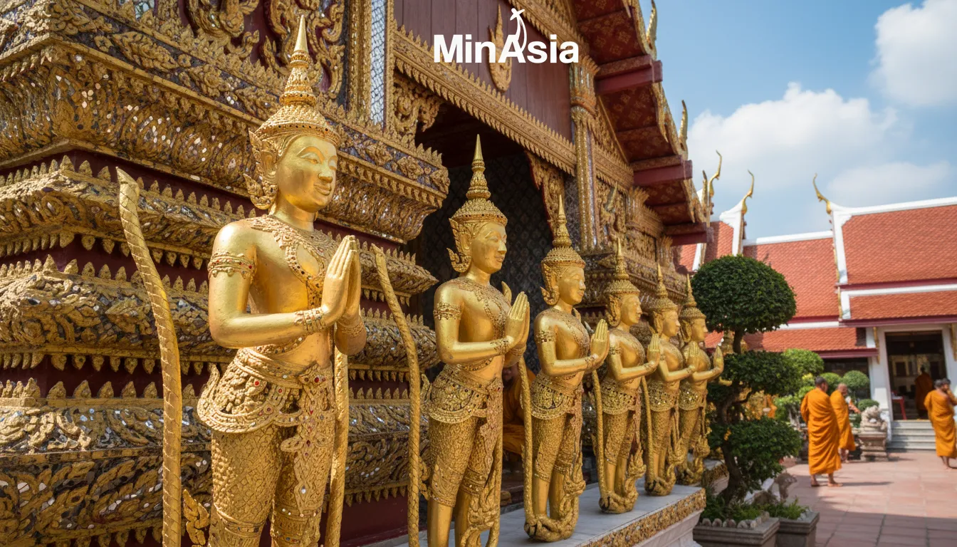 Templo budista sereno em Phuket, Tailândia, adornado com detalhes dourados e monges em trajes de açafrão.