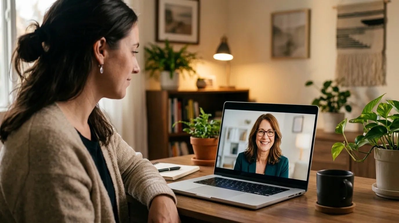 Sessão de terapia online promovendo o cuidado com a saúde física e emocional.