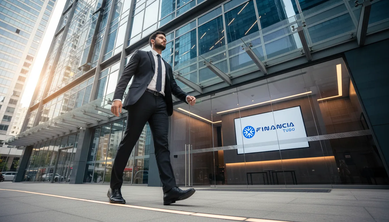 Pessoa entrando em prédio moderno, simbolizando a busca por parceria para indicação de financiamento e o apoio da Financia Tudo.