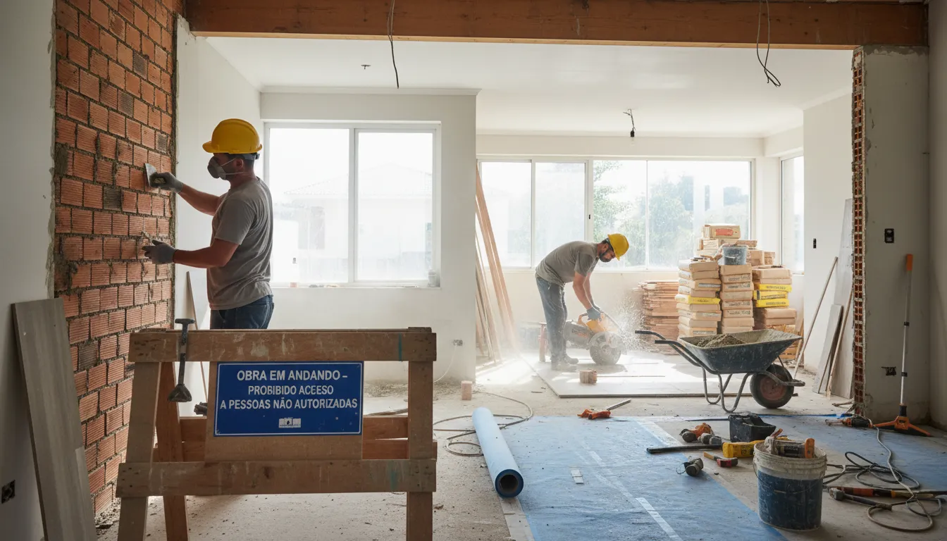 Reforma residencial financiada, mostrando pedreiros e ambiente transformado graças ao crédito