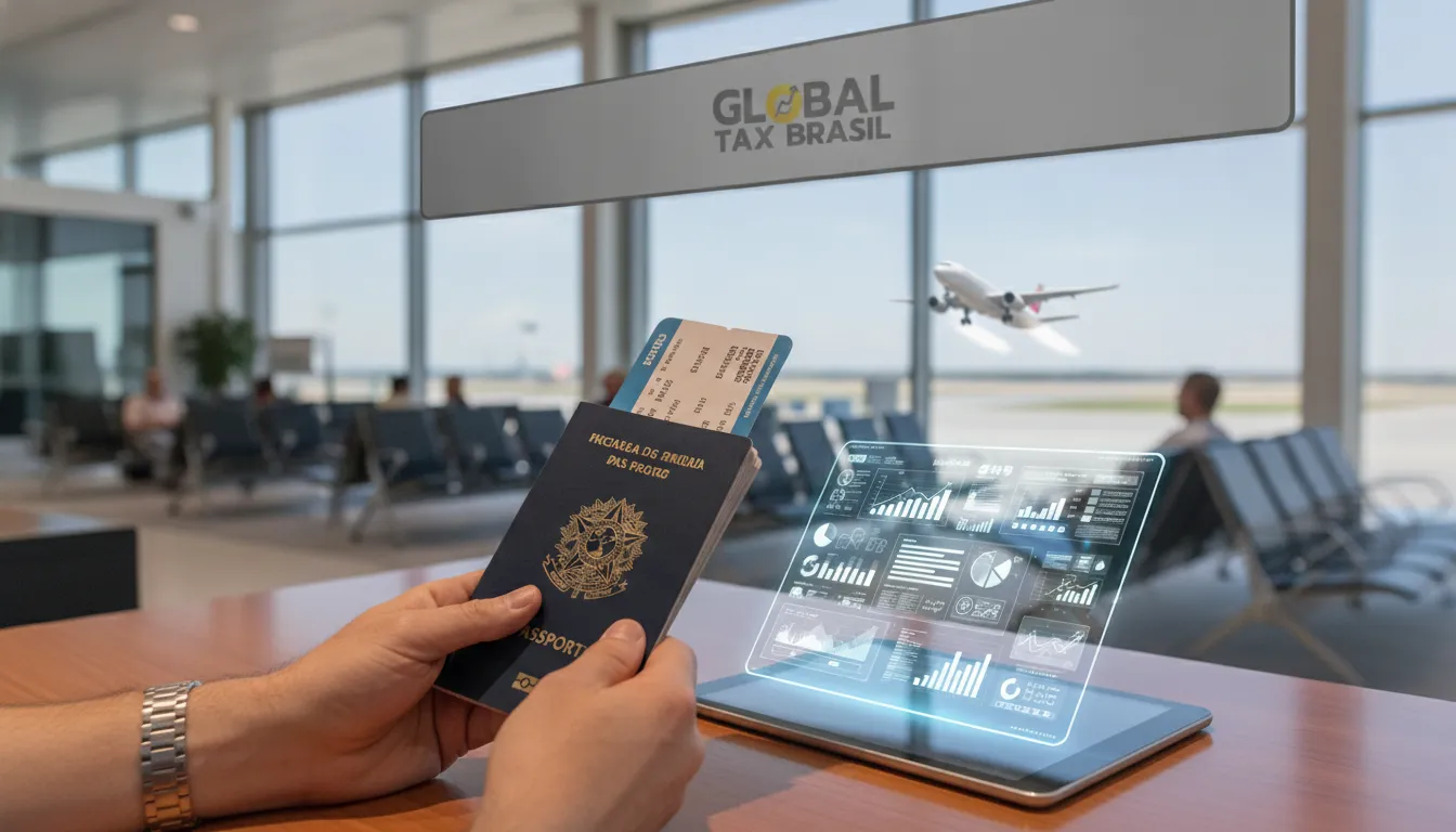 Mãos seguram passaporte e passagem, simbolizando saída fiscal do Brasil e declaração de saída definitiva.