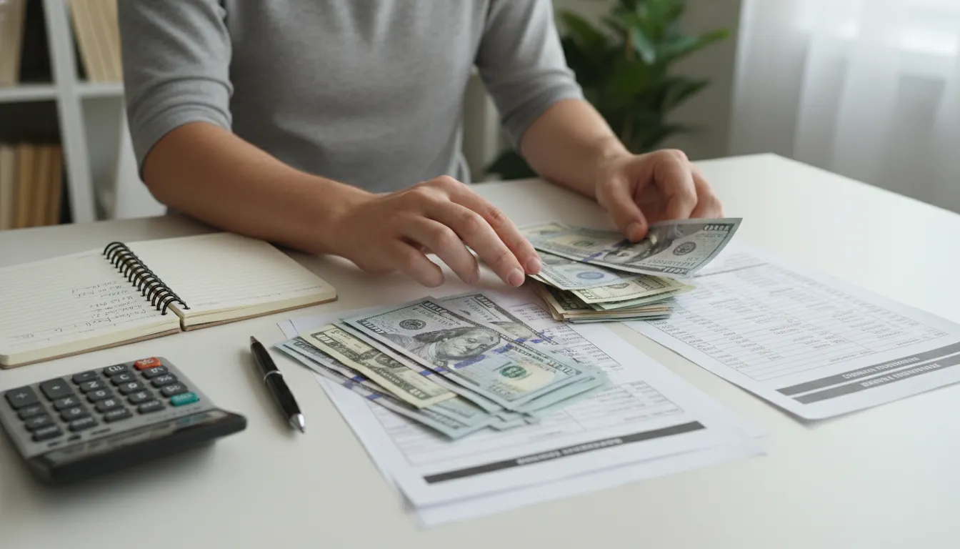 Mãos organizando contas e documentos financeiros, com calculadora e orçamento, para organização financeira financiamentos.