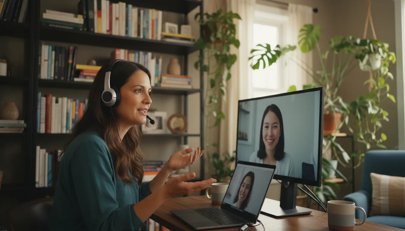Terapeuta online atende paciente via videoconferência em ambiente profissional