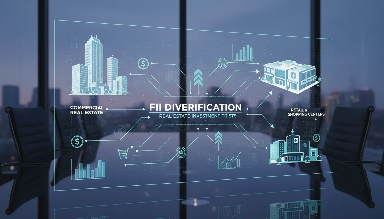 Montagem de diferentes tipos de imóveis com gráficos ilustrando a diversificação dos FIIs