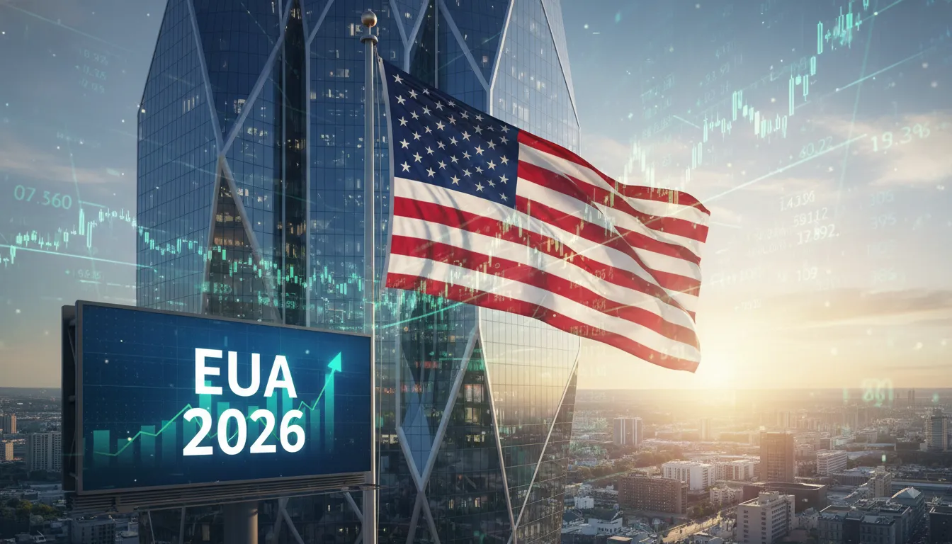 Bandeira americana em frente a um arranha-céu moderno, com dados financeiros em overlay e um outdoor digital escrito 'EUA 2026'. Uma visão otimista para abrir empresa nos eua em 2026.