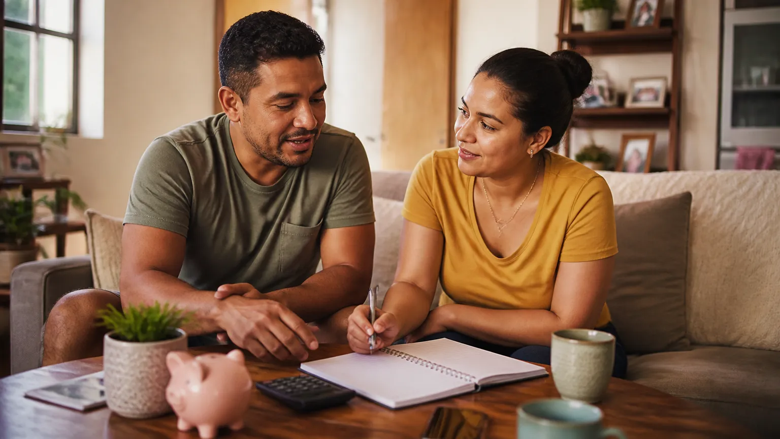 Casal conversando sobre educação financeira e planejando despesas da casa.