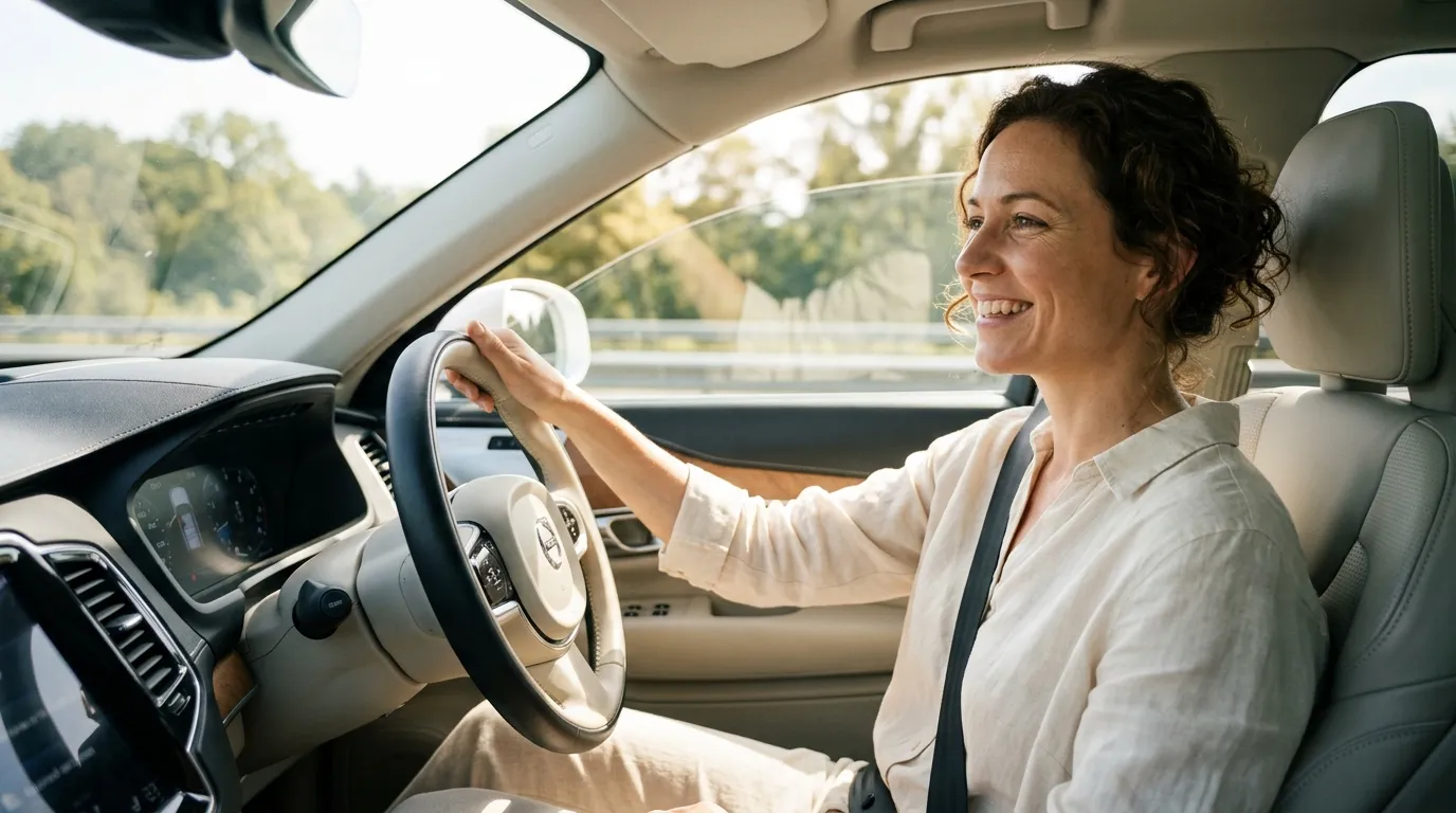 Motorista feliz comemora aprovacao do refinanciamento de veiculo com parcelas restantes dentro do proprio carro.