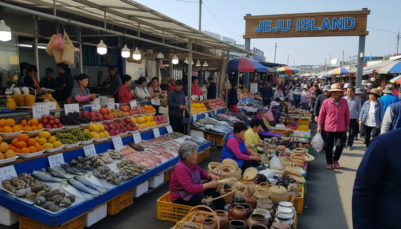 Mercado vibrante na ilha de Jeju, com frutos do mar frescos e artesanato local. Explore a cultura autêntica com os pacotes turísticos da MinÁsia.
