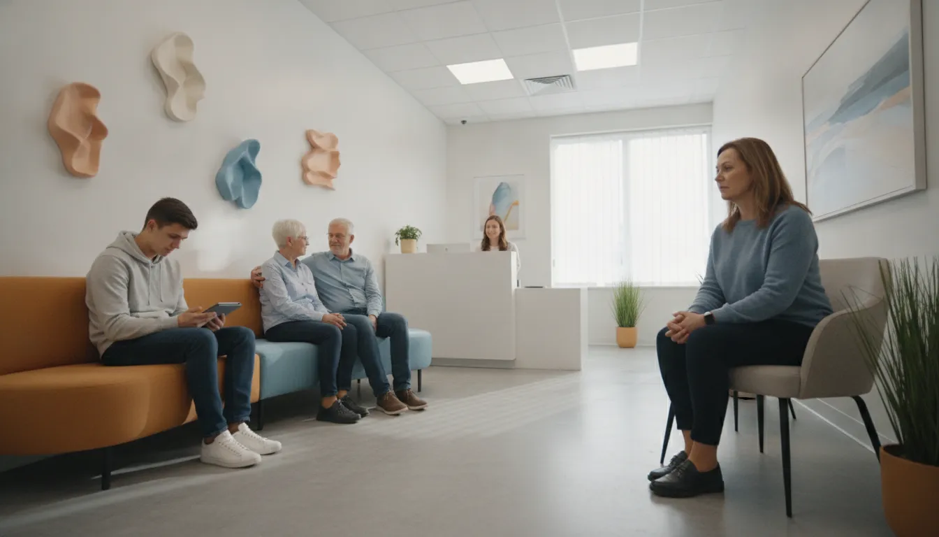 Pessoas em clínica moderna, uma mulher com distimia observa, refletindo esperança diagnóstico tratamento.