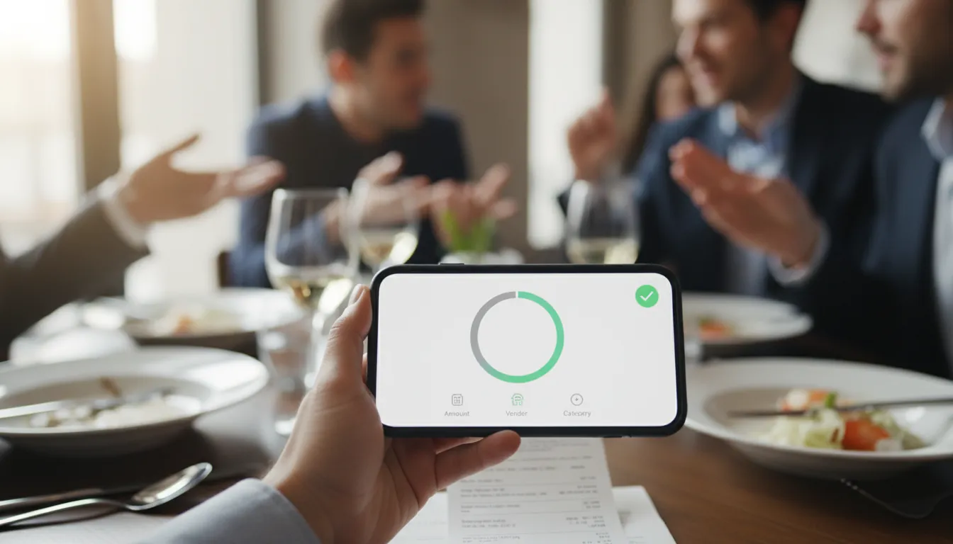 Uma mão escaneando um recibo com um aplicativo de celular, ilustrando a gestão digital do cartão corporativo para despesas.