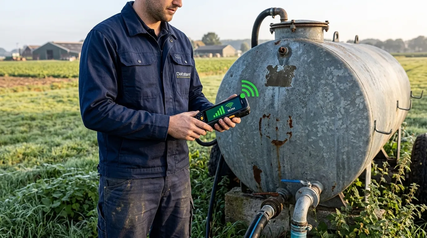 Técnico monitorando dados de sensor de nível de água em reservatório com conectividade móvel estável.