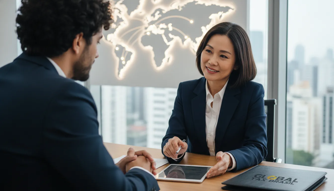 Consultor financeiro Global Tax Brasil auxiliando cliente a regularizar bens no exterior com tranquilidade.
