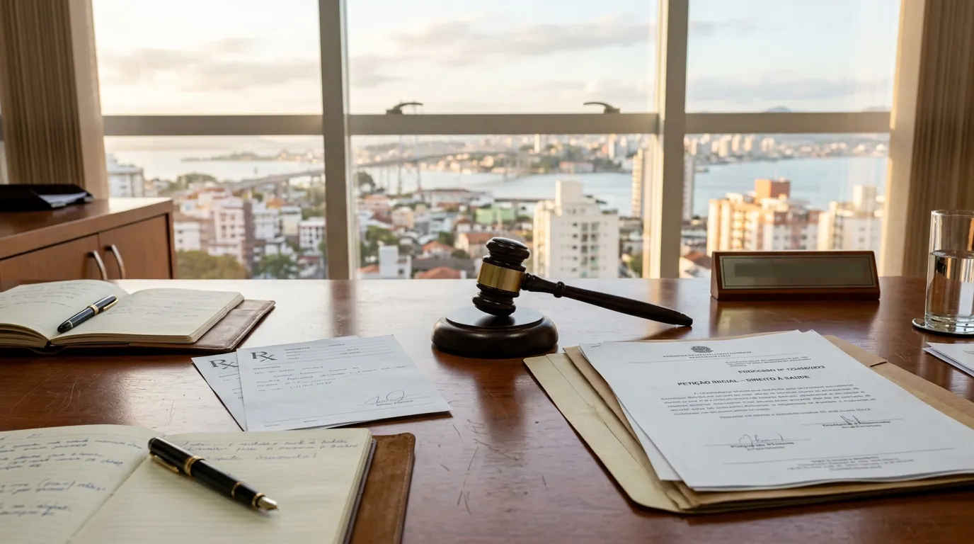 Documentos médicos e martelo da justiça representando processo contra plano de saúde.