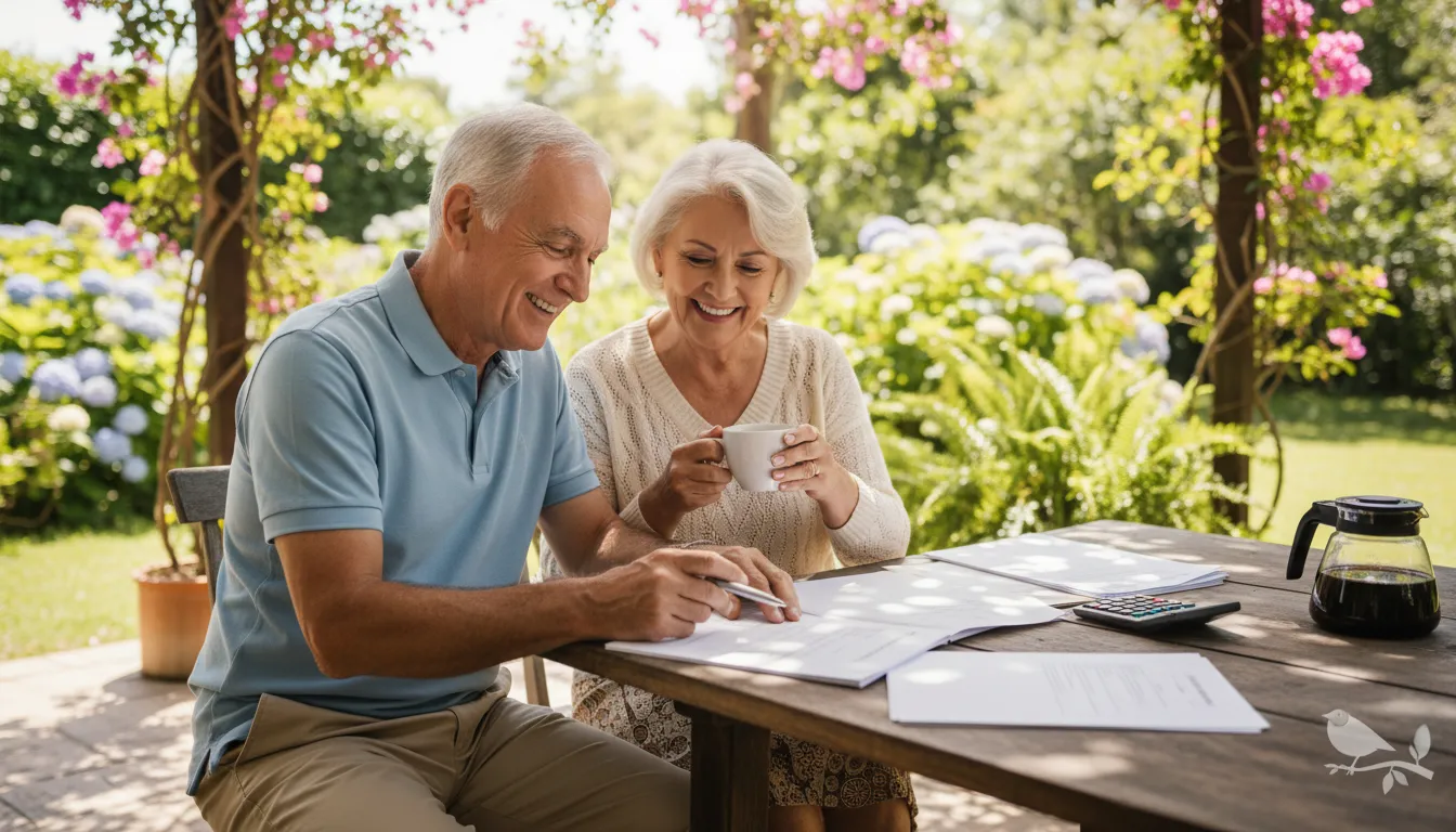 Casal idoso revisando documentos financeiros em ambiente de varanda ensolarada