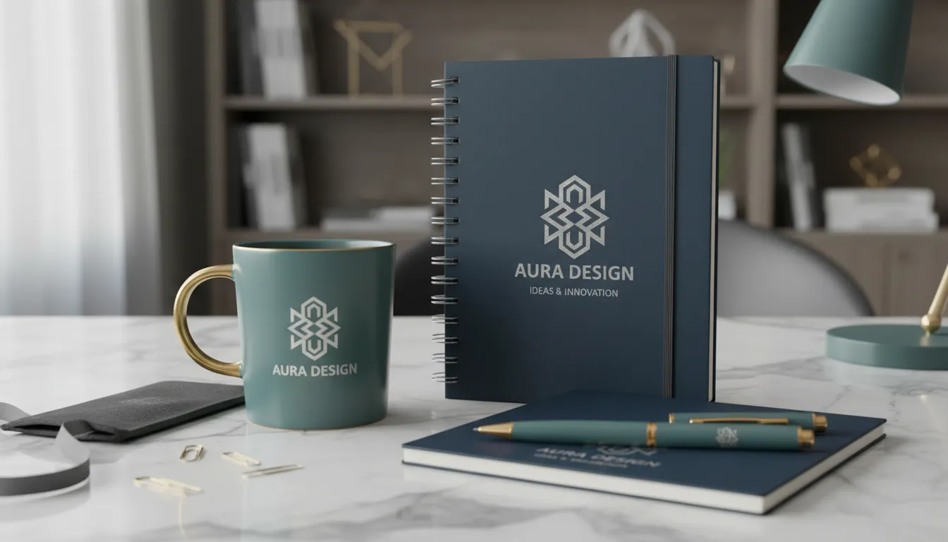 Kit de brindes personalizados com caneca, bloco e caneta de design exclusivo sobre superfície elegante.