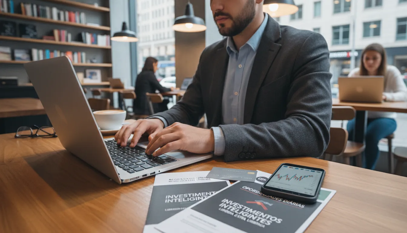 Indivíduo usando notebook em café, representando atividades de renda extra e investimentos no dia a dia.