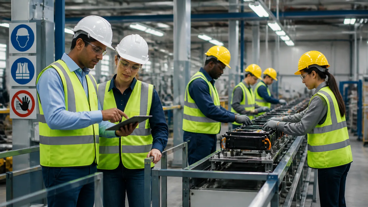 Inspeção de segurança do trabalho no chão de fábrica durante auditoria SMETA.